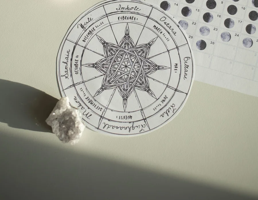 Roue de l'année et cristaux, symboles utilisés en astrologie