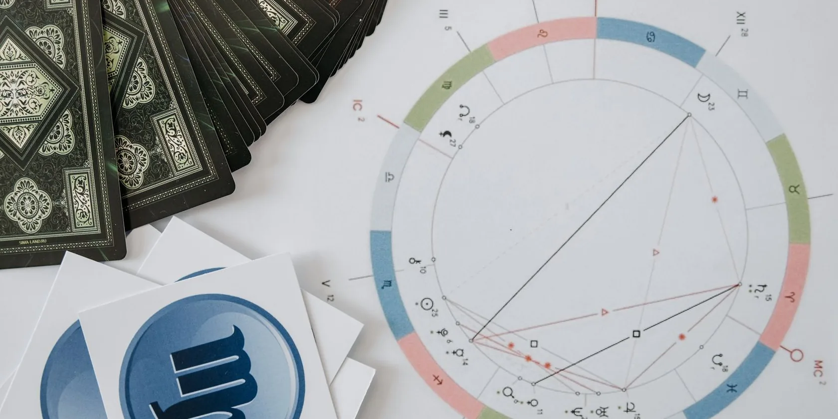 Roue du thème astral annotée posée près de cartes de tarot